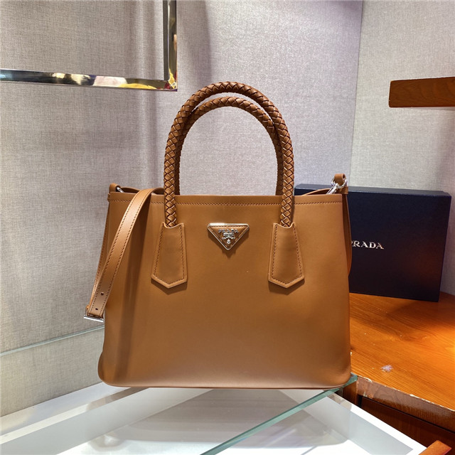 Prada Medium Double Tote Braided Handles Brown 1BG776