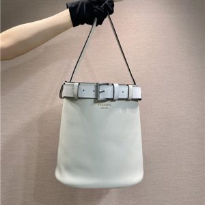 Prada Buckle Leather Bucket Bag With Belt 1BE085 White-1.jpg