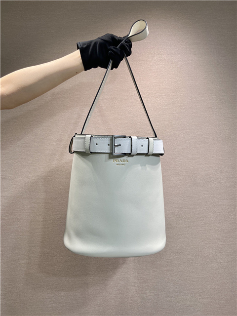 Prada Buckle Leather Bucket Bag With Belt 1BE085 White-1.jpg