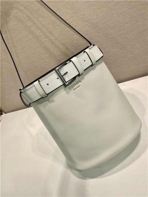 Prada Buckle Leather Bucket Bag With Belt 1BE085 White-5.jpg
