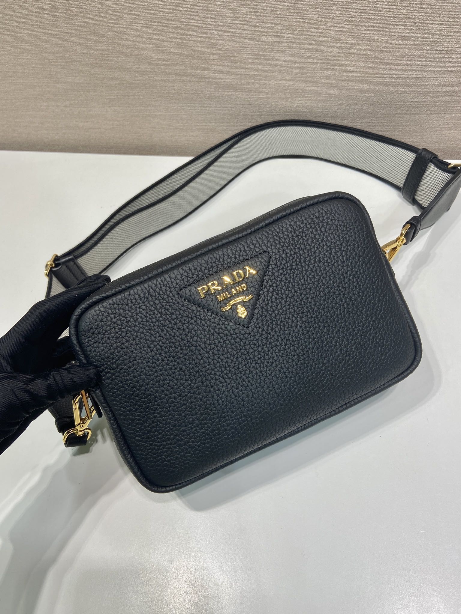 Prada Small Leather Shoulder Bag 1BD082-1-Black-2