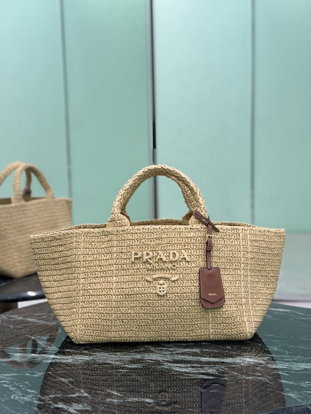 Prada Natural Large crochet tote bag with leather details