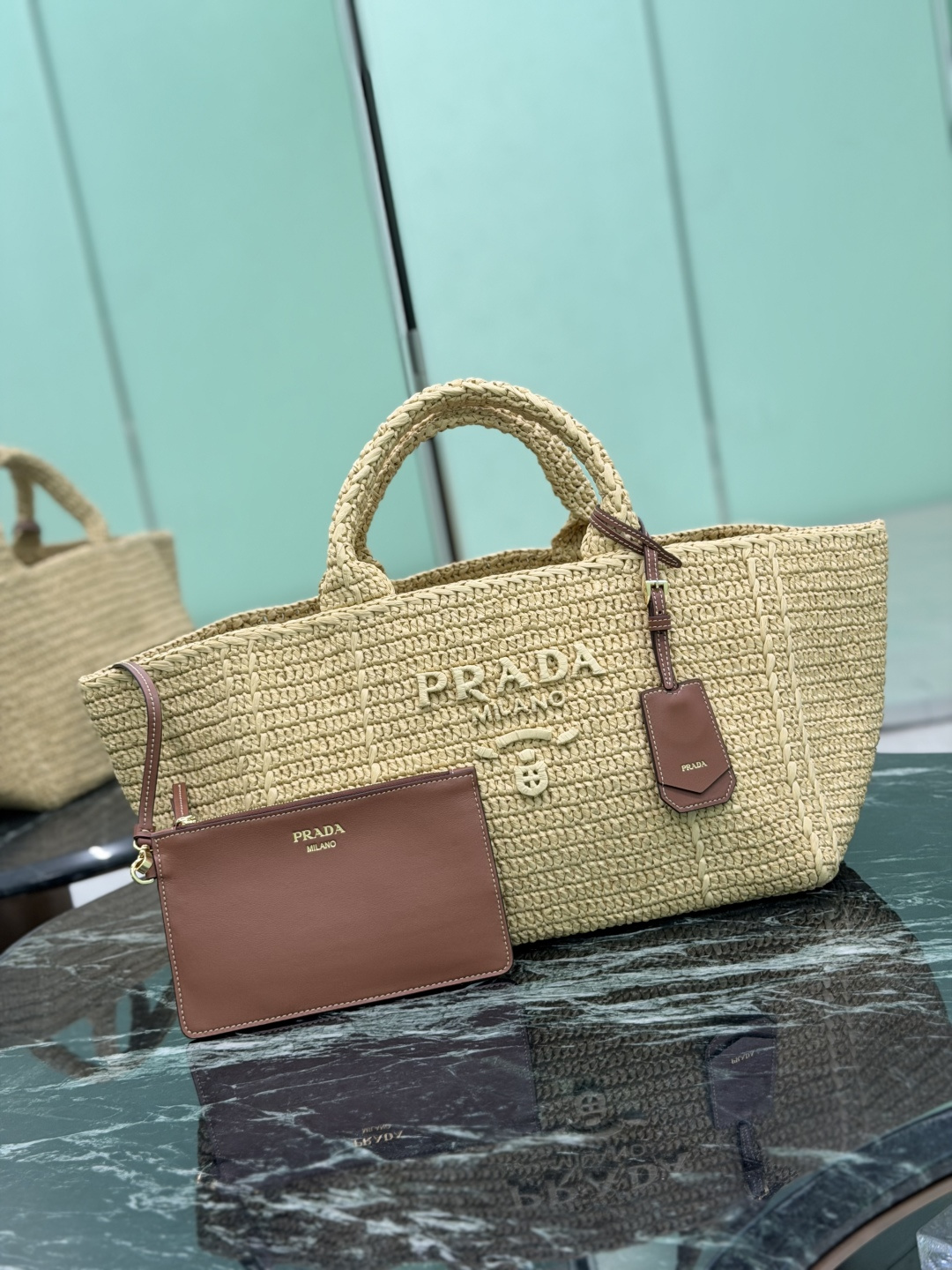 Prada Large Crochet Tote Bag with Leather Details 1BG635 - Image 3
