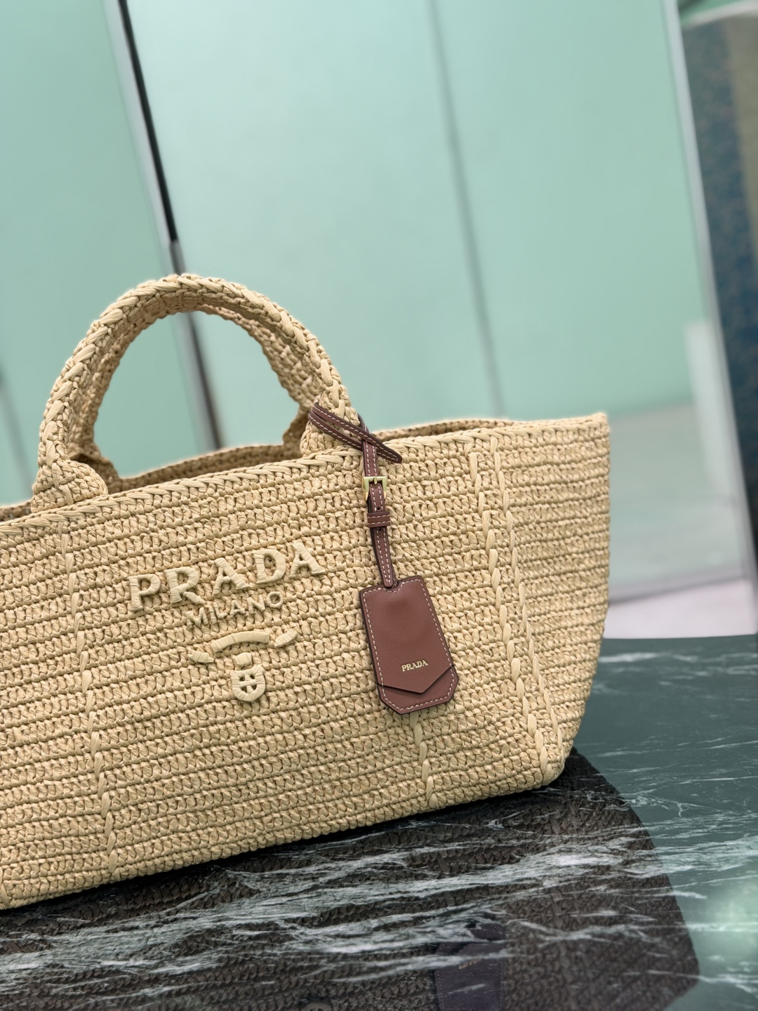 Prada Large Crochet Tote Bag with Leather Details 1BG635 - Image 7