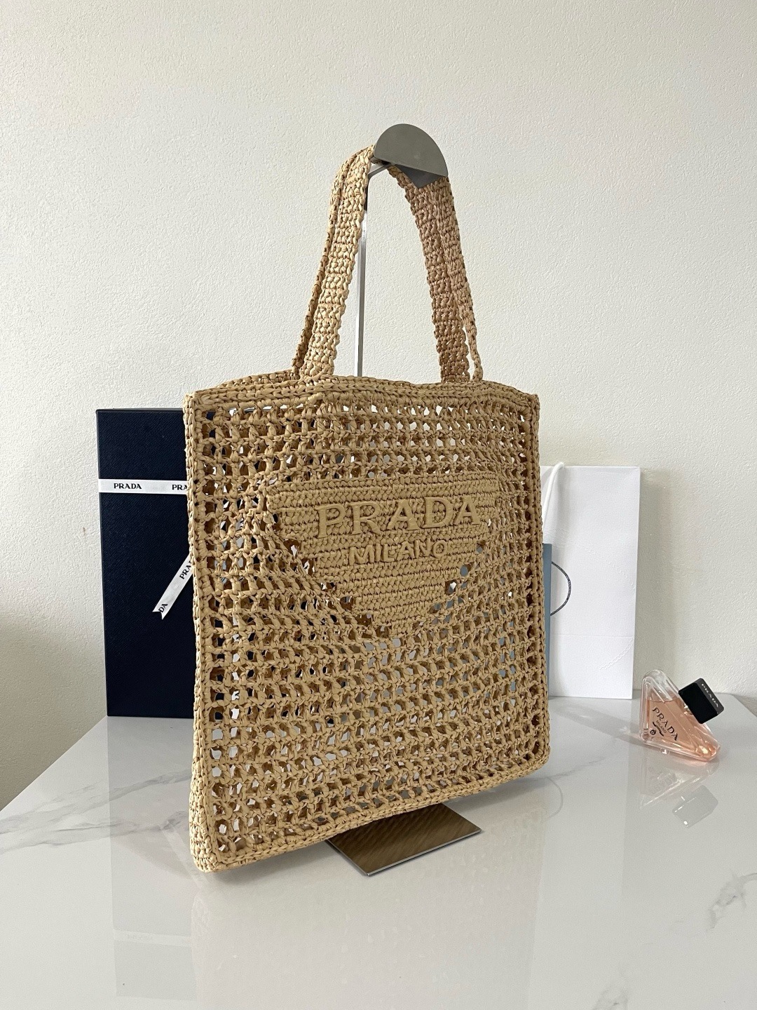 Prada Crochet Tan Tote Bag 1BG393 - Image 3