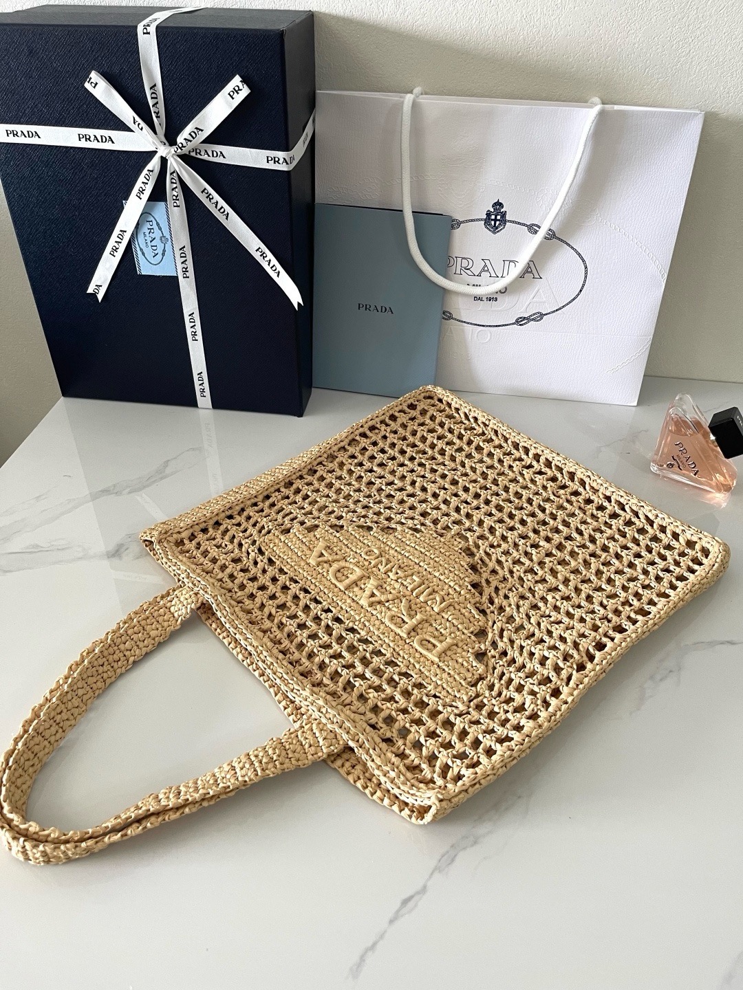 Prada Crochet Tan Tote Bag 1BG393 - Image 4