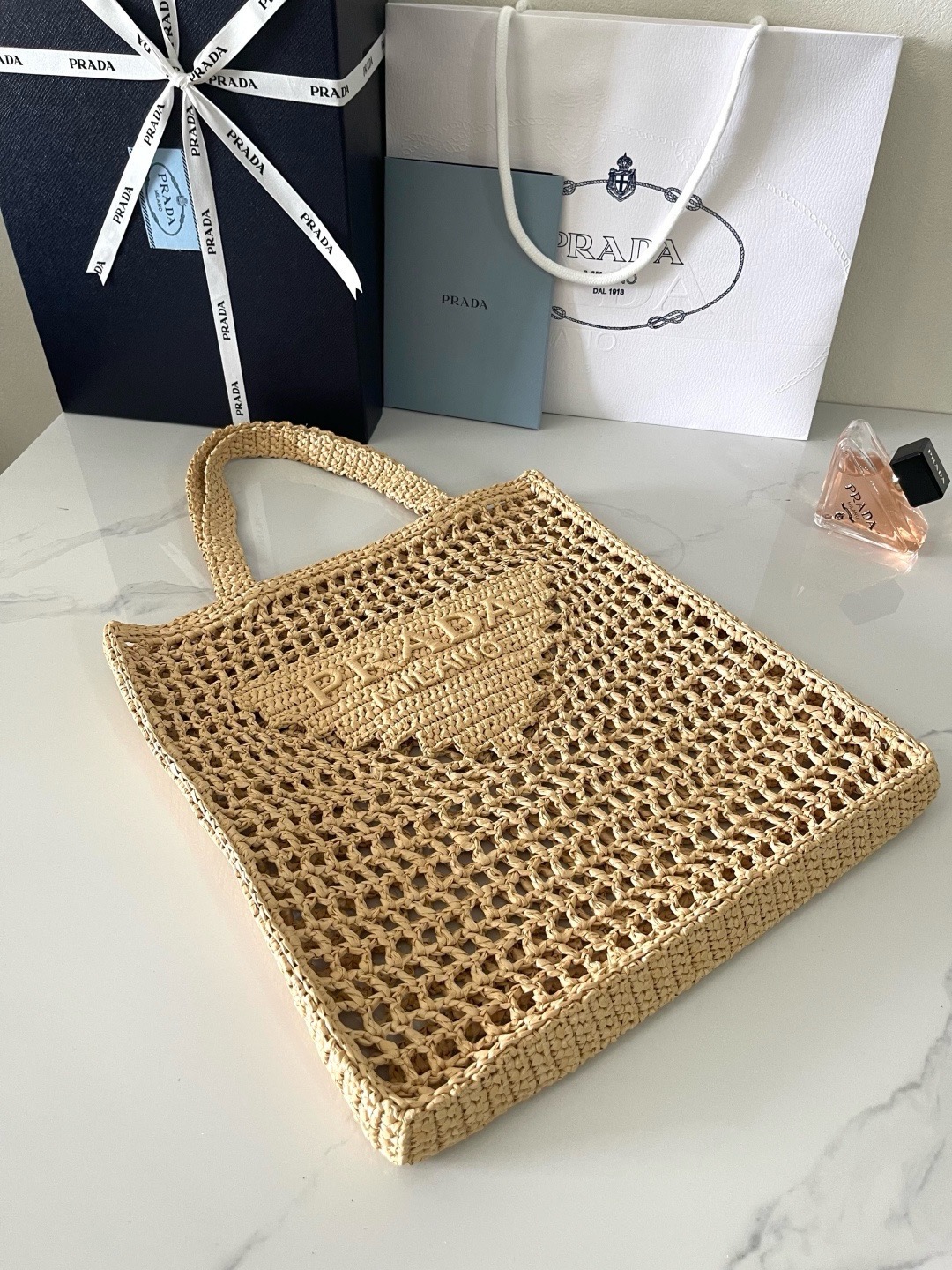 Prada Crochet Tan Tote Bag 1BG393 - Image 5