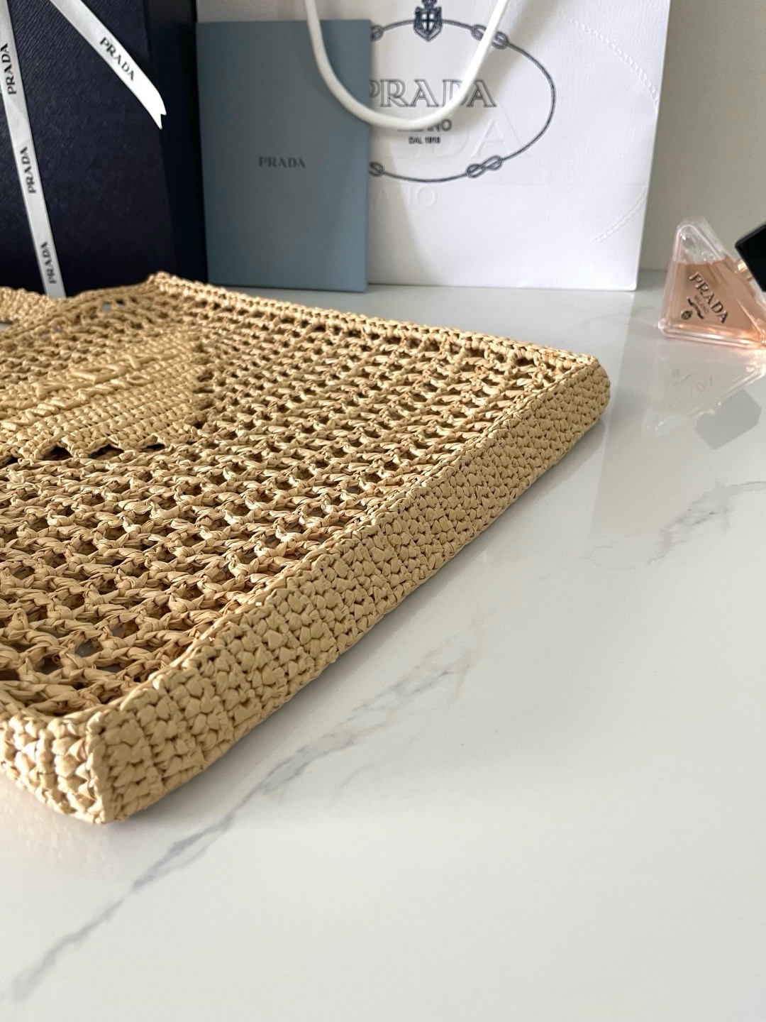 Prada Crochet Tan Tote Bag 1BG393 - Image 6