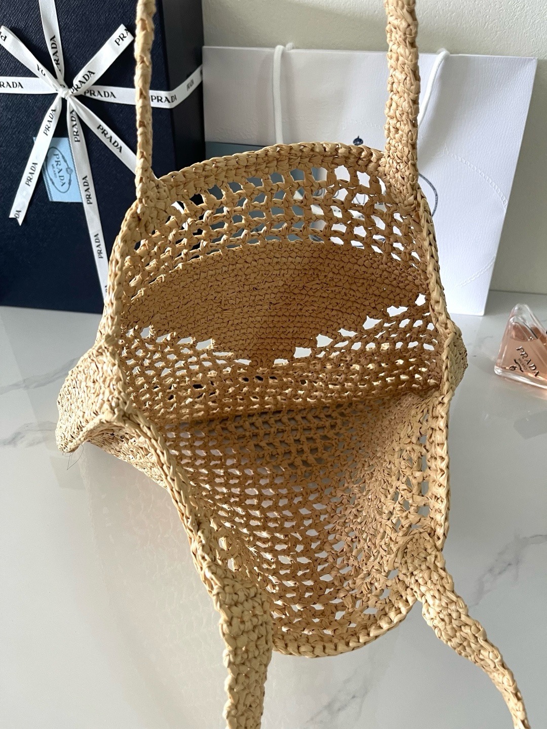 Prada Crochet Tan Tote Bag 1BG393 - Image 8