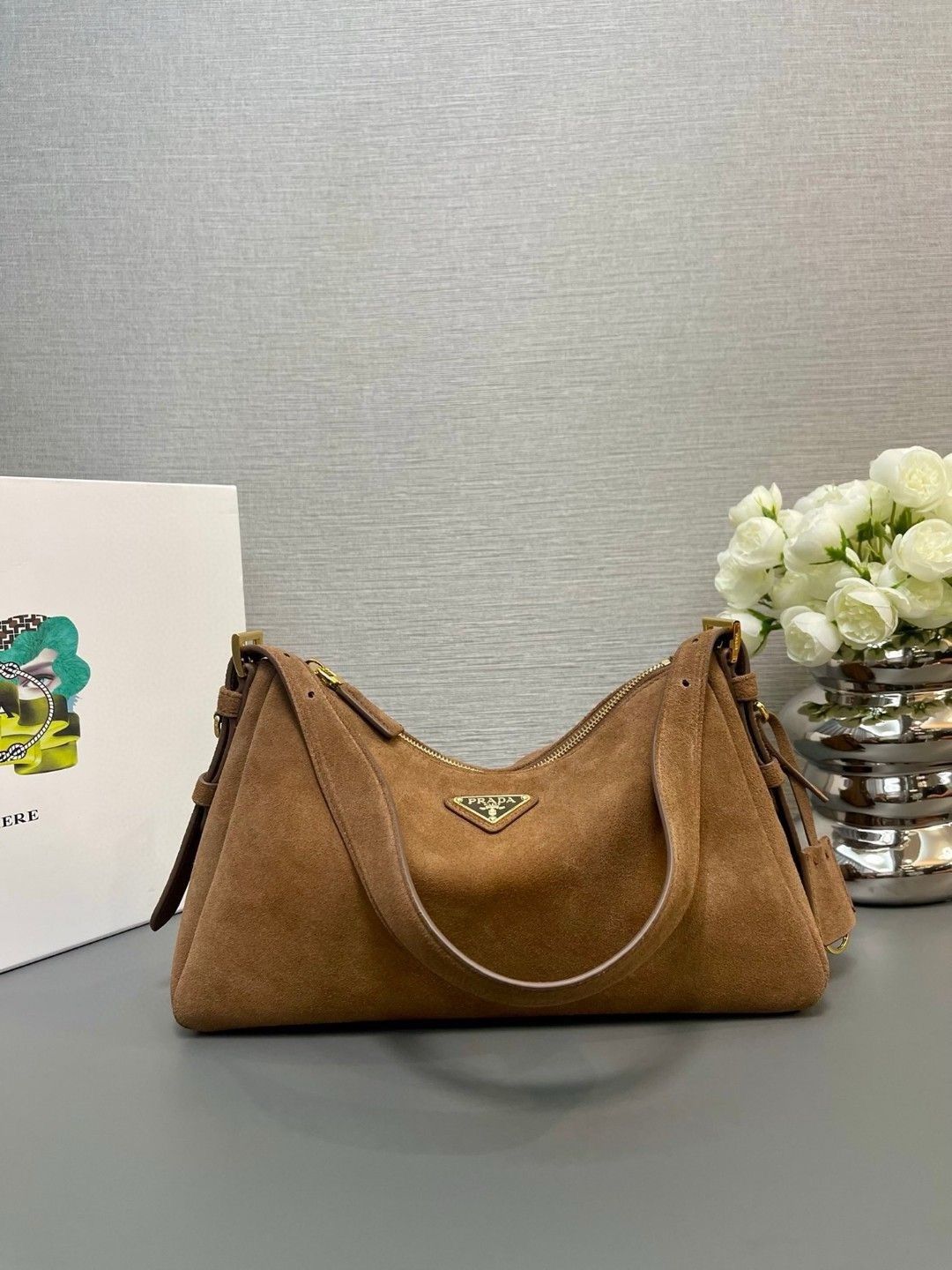 Prada Aimee Medium Suede Shoulder Bag 1BC229 Cinnamon - Image 2