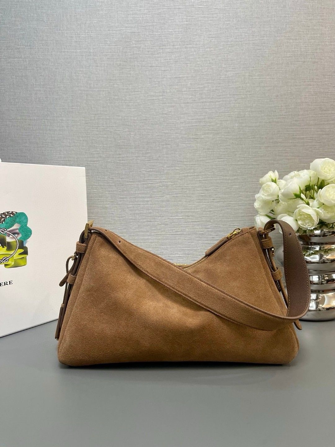 Prada Aimee Medium Suede Shoulder Bag 1BC229 Cinnamon - Image 3