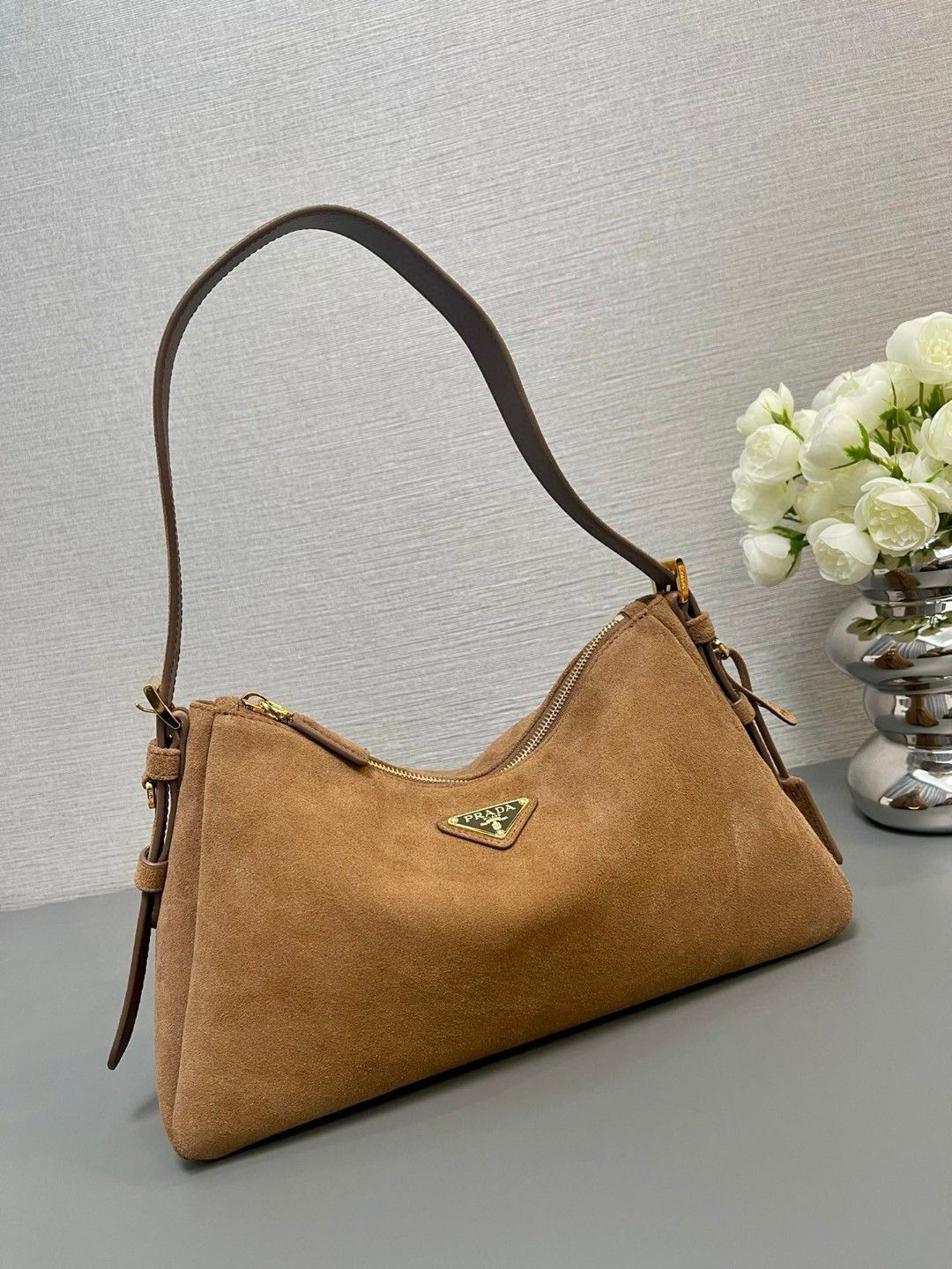 Prada Aimee Medium Suede Shoulder Bag 1BC229 Cinnamon - Image 4