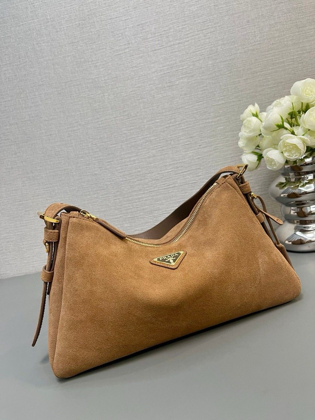 Prada Aimee Medium Suede Shoulder Bag 1BC229 Cinnamon - Image 5