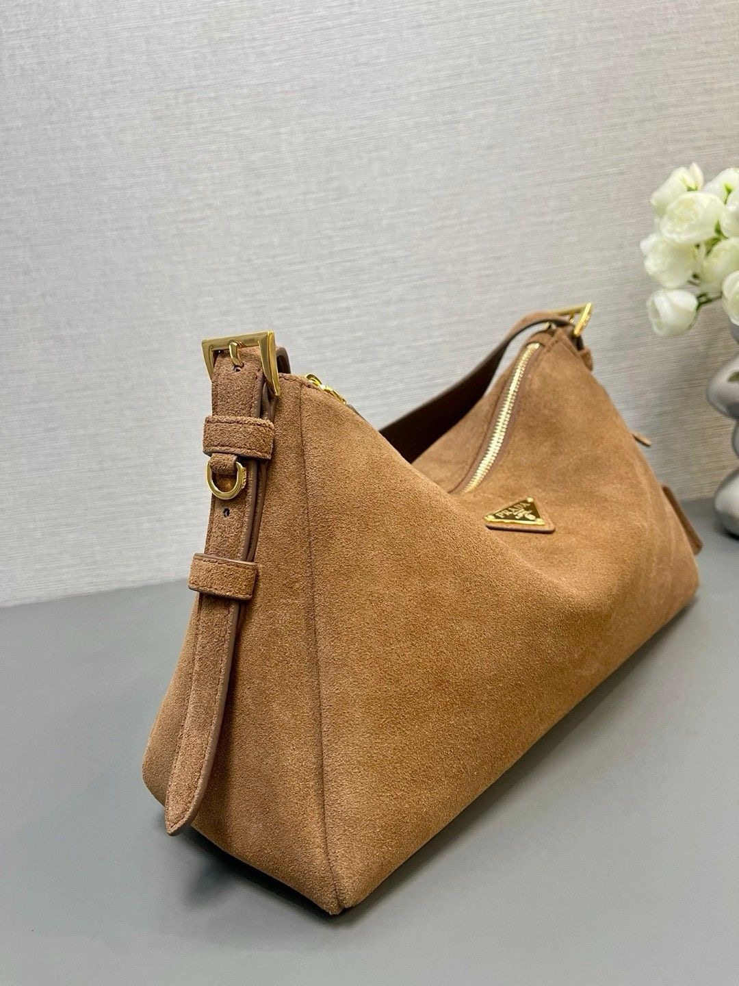 Prada Aimee Medium Suede Shoulder Bag 1BC229 Cinnamon - Image 6