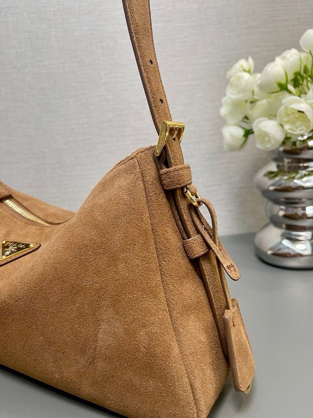 Prada Aimee Medium Suede Shoulder Bag 1BC229 Cinnamon - Image 7