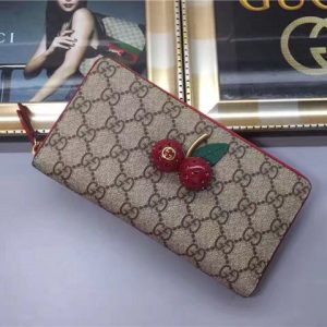Gucci GG Supreme Zip Around Wallet With Cherries