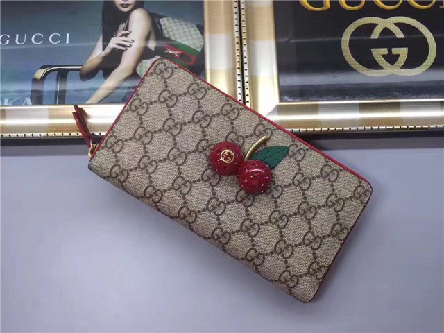 Gucci GG Supreme Zip Around Wallet With Cherries