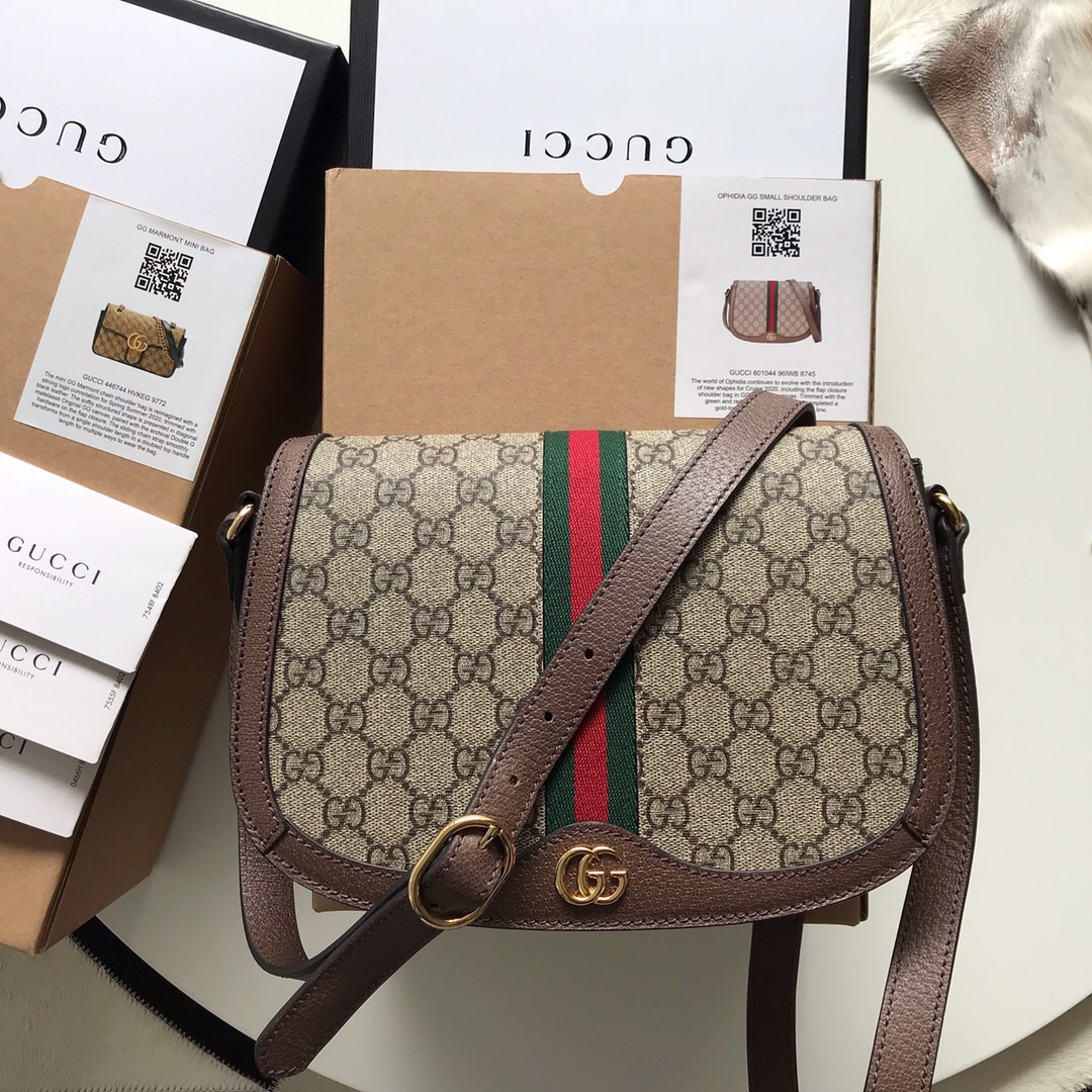 GG Supreme Monogram Web Small Ophidia Flap Messenger Bag Brown