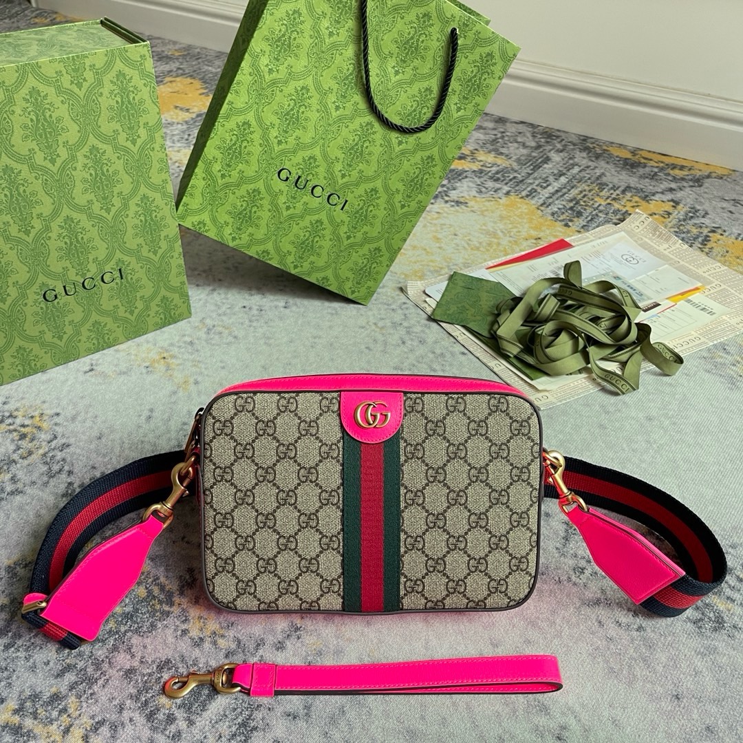GUCCI 699439 OPHIDIA GG SUPREME CANVAS WRISTLET CROSSBODY SHOULDER BAG- PINK
