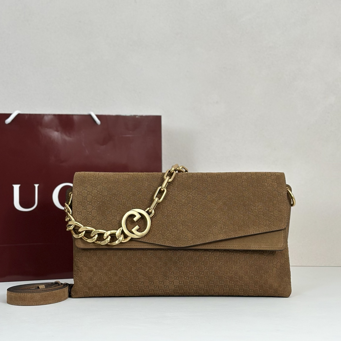 Gucci GG Large Suede Shoulder Bag - 857362 -Camel Color
